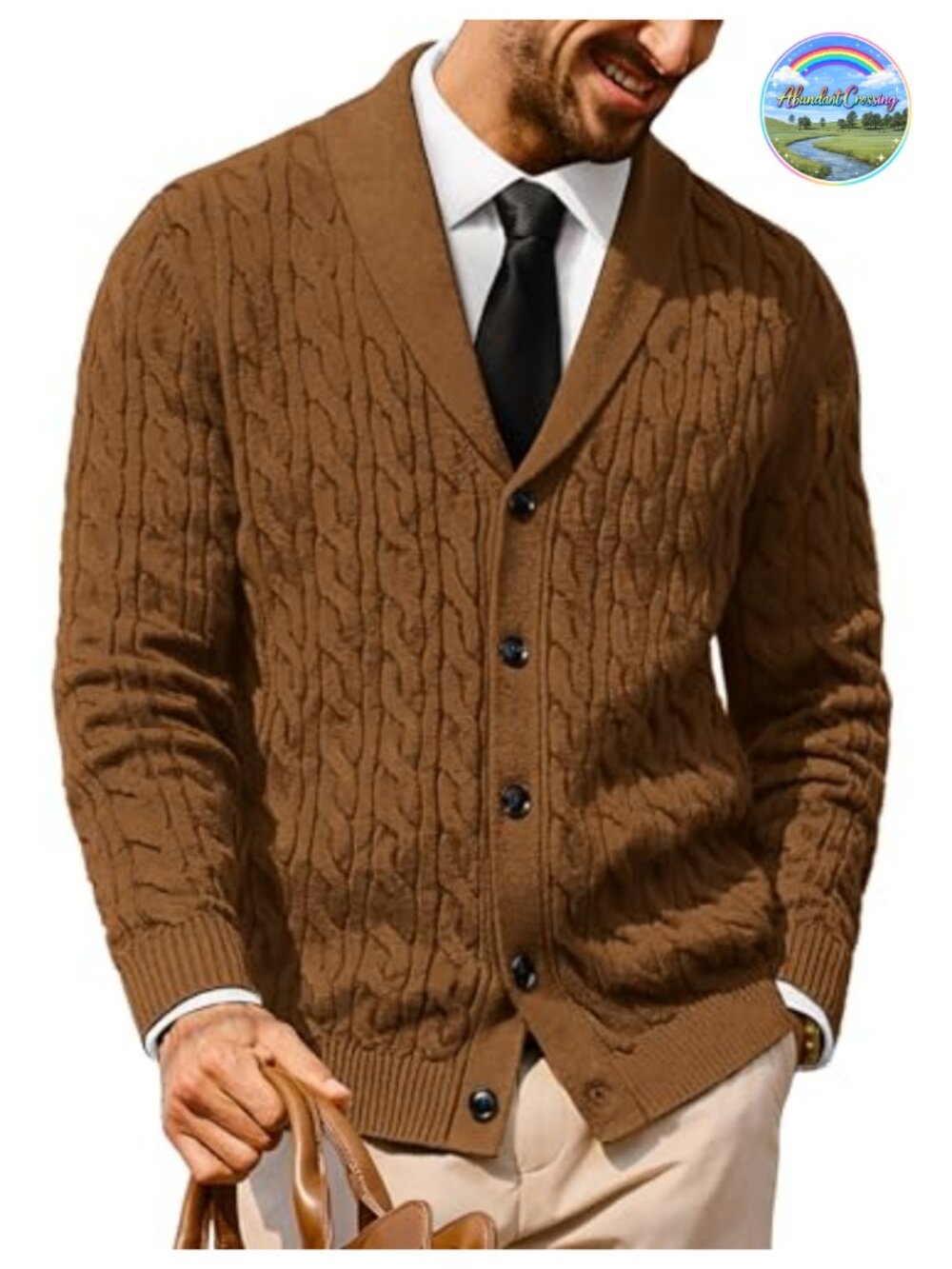 Mens Cable Knit Cardigan Button Down Shawl Collar Sweater